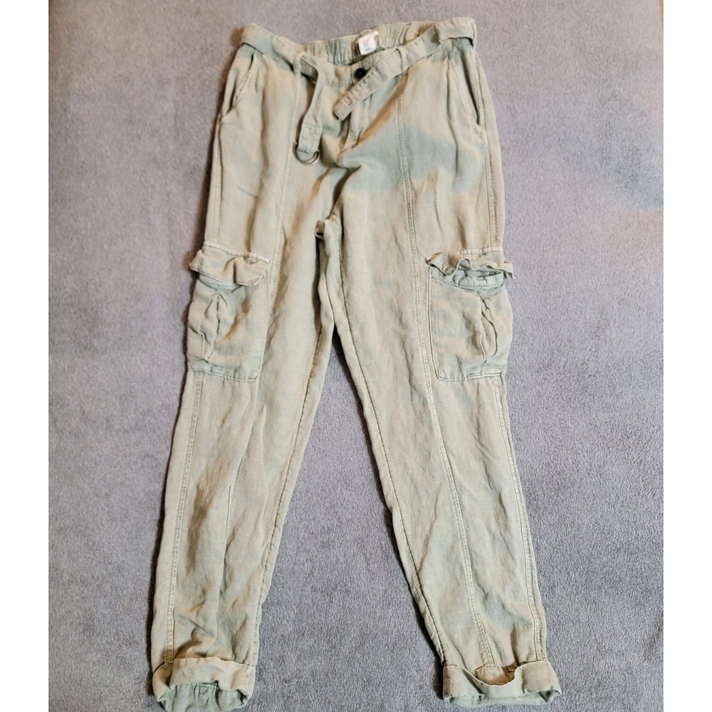 Nicole Miller New York Cargo Pants Womens Medium Green Linen Cuffed Jogger